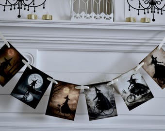 Halloween Banner - Witch on Bicycles Rustic Party Garland
