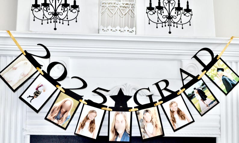 May include: Black and gold graduation banner with the year 2025 and the word "GRAD" in large letters. The banner has spaces for photos, and there are photos of people in the spaces.