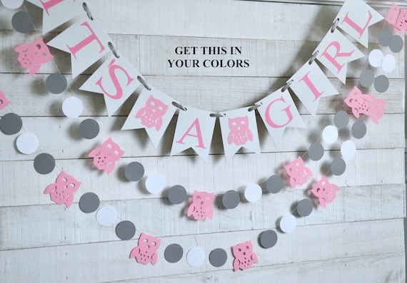 It's A Girl owl baby shower banner, owl garland, owl party decorations, gender reveal banner, owl decorations Il_570xn