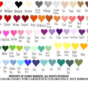 May include: Color chart for cardstock colors, showing a variety of colors in heart shapes. The chart includes colors like red, white, black, ivory, gray, light gray, tan, taupe, kraft, brown, Christmas red, crimson, wine, burgundy, orange, fall blossom, dark orange, fuzz, coral, dark coral, ocean reef, peach, fuchsia, bright pink, hot pink, medium pink, light pink, pastel pink, orchid, lilac, violet, lavender, pastel purple, eggplant, purple punch, green, hunter, lime green, pear, mint green, pastel green, Paris green, moss green, light yellow, medium yellow, bright yellow, musty, pastel blue, baby blue, medium blue, teal blue, royal blue, navy blue, tiffany blue, aqua, teal, dark teal, and fall.