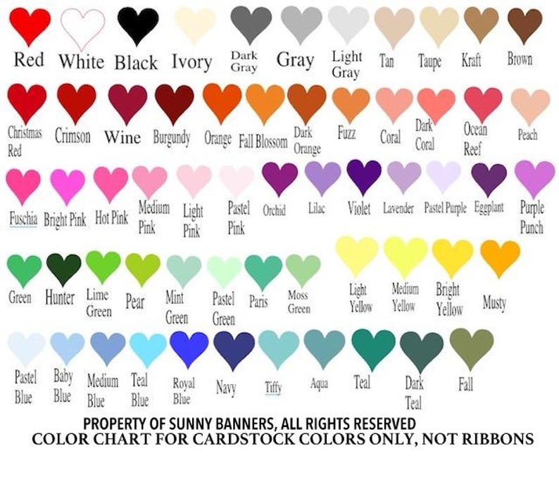 May include: Color chart for cardstock colors, showing a variety of colors in heart shapes. The chart includes colors like red, white, black, ivory, gray, light gray, tan, taupe, kraft, brown, Christmas red, crimson, wine, burgundy, orange, fall blossom, dark orange, fuzz, coral, dark coral, ocean reef, peach, fuchsia, bright pink, hot pink, medium pink, light pink, pastel pink, orchid, lilac, violet, lavender, pastel purple, eggplant, purple punch, green, hunter, lime green, pear, mint green, pastel green, Paris green, moss green, light yellow, medium yellow, bright yellow, musty, pastel blue, baby blue, medium blue, teal blue, royal blue, navy blue, tiffany blue, aqua, teal, dark teal, and fall.