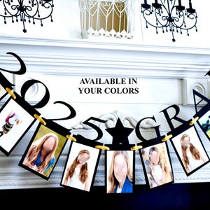 May include: Black and gold graduation banner with the year 2023 and the word "GRAD" with photos in each section. The banner is available in your colors.