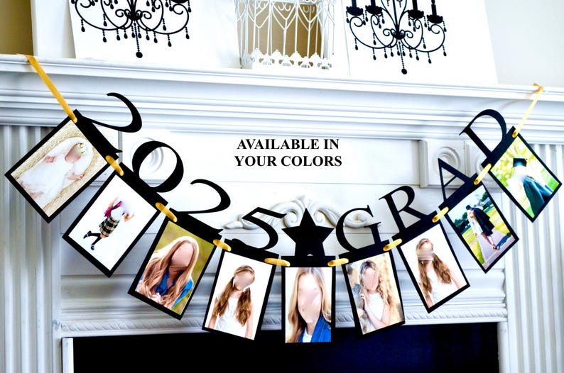 May include: Black and gold graduation banner with the year 2023 and the word "GRAD" with photos in each section. The banner is available in your colors.