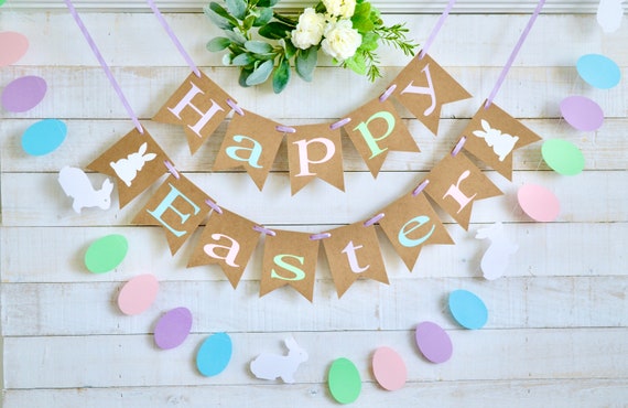 Happy Easter banner, Easter Sign, Rustic Easter Mantle decorations, Easter Bunny garland, Easter egg decor, Easter Decorations Il_570xn