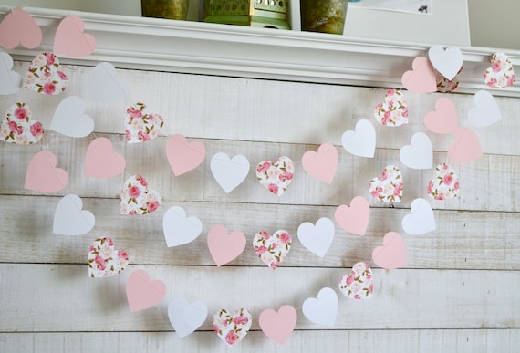 Romantic heart garland, blush pink rose garland, heart garland, heart photo backdrop, tea party decorations, bridal shower hearts, baby girl Il_570xn