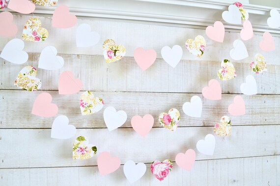 Pink floral heart garland, shabby chic decorations, shabby garland, boho chic, heart garland, pink heart, tea party decor, farmhouse Il_570xn
