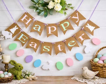 Happy Easter Banner: Pastel Easter Garland Decor, Bunny & Egg Banner, Farmhouse Spring Mantel