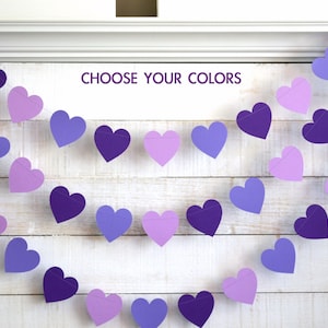 Purple Heart garland, purple bridal shower decor, purple wedding decor, purple birthday decor, wedding bunting, purple nursery decor