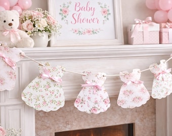 Floral Baby Dress Garland, Pink Bows, Shabby Chic Baby Shower Decor