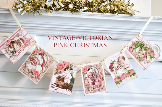 Retro Vintage Style Christmas Banner, Pink Santa, Vintage Santa, Victorian Pink Christmas Banner, Vintage Christmas Banner, Old world Santa Il_570xn