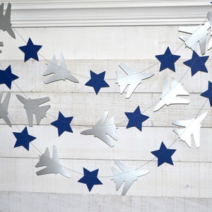 Air Force Garland: Metallic Silver Fighter Jets & Navy Stars