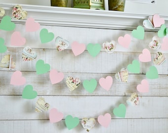 Rose garland, rustic wedding decor, rustic home decor, rose wedding decor, rose wedding garlands, mint blush pink, romantic heart garland