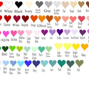May include: A chart of 60 different color heart shapes with the name of each color written below the heart. The colors include red, white, black, ivory, gray, light gray, tan, taupe, kraft, brown, Christmas red, crimson, wine, burgundy, orange, fall blossom, dark orange, fuzz, coral, dark coral, ocean reef, peach, fuchsia, bright pink, hot pink, medium pink, light pink, pastel pink, orchid, lilac, violet, lavender, pastel purple, eggplant, purple punch, green, hunter, lime green, pear, mint green, pastel green, paris, moss green, light yellow, medium yellow, bright yellow, musty, pastel blue, baby blue, medium blue, teal blue, royal blue, navy, tiffany, aqua, teal, dark teal, and fall.