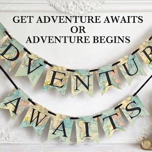 Adventure Awaits Banner: World Map Travel Party Decor