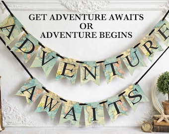 Adventure Awaits Banner: World Map Travel Party Decor