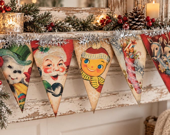 Retro Christmas Banner – Vintage Santa Pennant Bunting, Lodge Mantel Decor