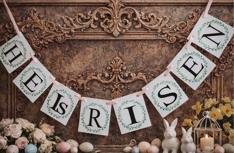 Easter Banner He Is Risen, Religious Spring Mantel Decor, Resurrection Day Garland image 3