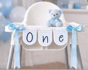 First Birthday Highchair Banner: Blue Gingham I am one 1st birthdaay Party Decor