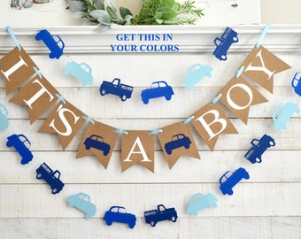 Vintage cars and trucks banner, It's a boy, baby shower decorations, cars and trucks, blue baby shower decorations, antique cars