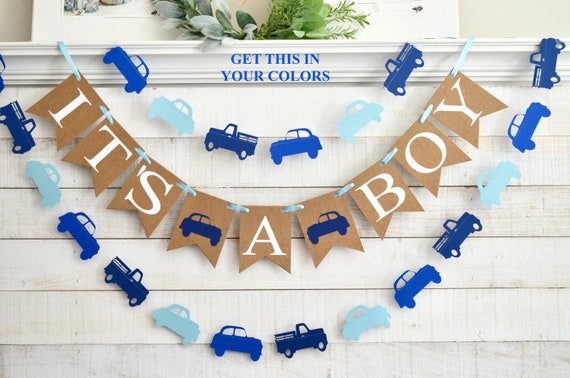 Vintage cars and trucks banner, It's a boy, baby shower decorations, cars and trucks, blue baby shower decorations, antique cars Il_570xn