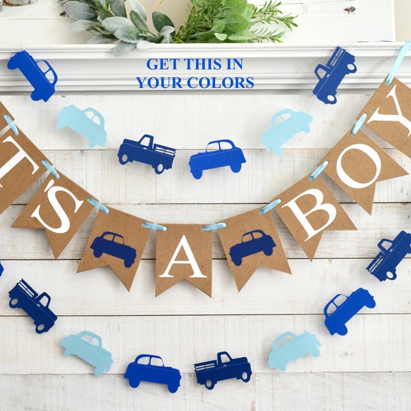 Vintage cars and trucks banner, It's a boy, baby shower decorations, cars and trucks, blue baby shower decorations, antique cars