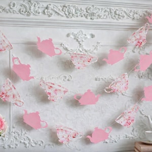 Floral Teacup Garland: Pink Teapot Bridal Shower Decor, Alice Party Banner