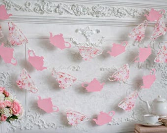 Floral Teacup Garland: Pink Teapot Bridal Shower Decor, Alice Party Banner