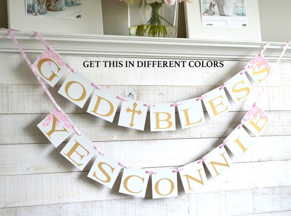 God Bless Peach Floral Baptism Banner Personalized Party Backdrop Decoration