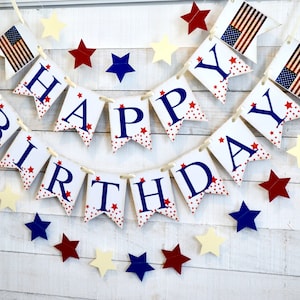 4th of July Happy Birthday Banner, red white and blue birthday banner, 4th of July Birthday, Birthday party decor, Fourth of July