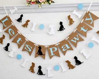 Let's Party Banner, Dog Birthday Banner: Puppy, Bones & Paw Prints Garland