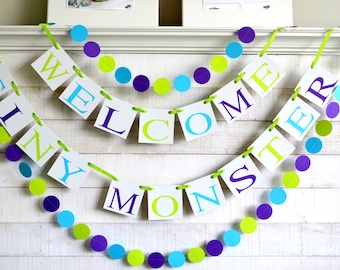 Monster Baby Shower Banner: Welcome Tiny Monster, Purple Blue Green Garland