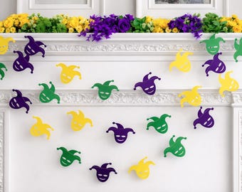 Mardi Gras Garland: Purple, Yellow, Green Mask banner, Fat Tuesday decor