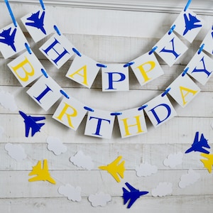 Blue Angels Birthday Banner, Happy Birthday, Blue Military Birthday banner, Airplane and Cloud, US Navy, yellow and blue