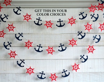 Ship wheel and anchor garland, nautical shower decorations, nautical birthday, navy and red anchor garland, baby shower decor, ship wheel