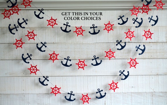 Ship wheel and anchor garland, nautical shower decorations, nautical birthday, navy and red anchor garland, baby shower decor, ship wheel Il_570xn
