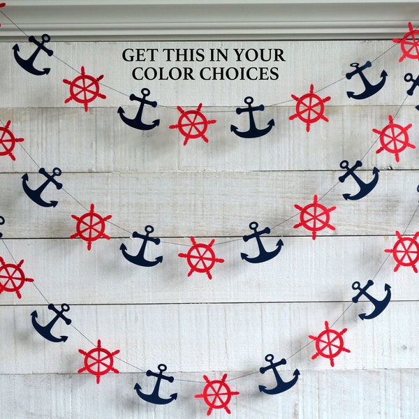 Ship wheel and anchor garland, nautical shower decorations, nautical birthday, navy and red anchor garland, baby shower decor, ship wheel