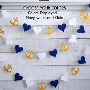 Anchor and heart garland, anchor garland, Navy and White Beach wedding Decor, Nautical Bridal Shower Decor, beach wedding decor, gold anchor