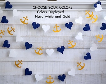Anchor and heart garland, anchor garland, Navy and White Beach wedding Decor, Nautical Bridal Shower Decor, beach wedding decor, gold anchor