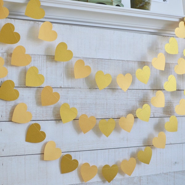 Gold Heart garland, gold bridal shower decor, gold photo backdrop, golden heart, golden anniversary decor, gold heart banner