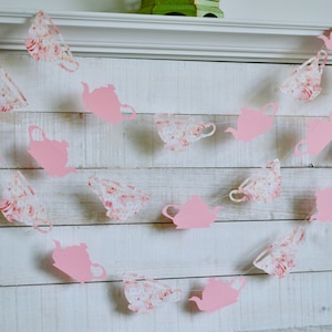 Tea Party Decorations, Tea for Two birthday decor, bridal shower tea party, tea cup and teapot decor, Pink tea cup garland