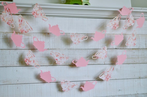 Tea Party Decorations, Tea for Two birthday decor, bridal shower tea party, tea cup and teapot decor, Pink tea cup garland Il_570xn
