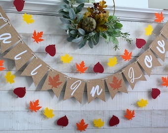 bachelorette party decor autumn bridal shower banner falling in love sign Fall in love banner rustic wedding garland for head table