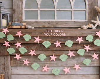 Coastal Starfish and Seashell Garland Banner, Pink & Mint Paper Party Decor, Beach Theme