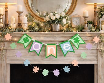 St Patricks 1st Birthday banner - Pastel shamrock party decorations, Irish first birthday