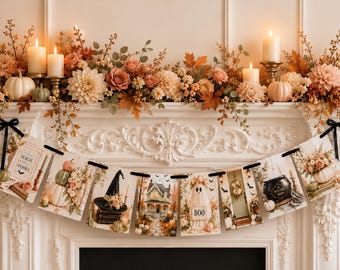 Farmhouse Halloween Banner, Pumpkin Ghost Witch Garland (5x7" Cards)