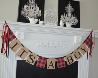 Lumberjack Baby Shower Banner: Red Buffalo Plaid, It's a Boy