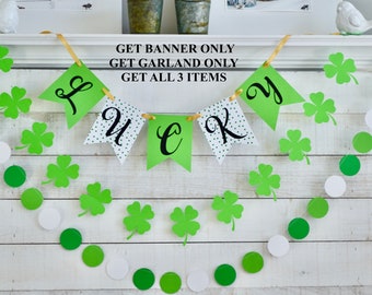 Saint Patricks Day banner, Lucky Banner, St. Pattys day party decorations, green and gold St. Patricks day bunting, shamrock garland