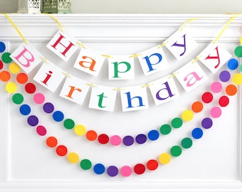 Happy Birthday Banner with Garland Set, Primary color - Sesame -red blue green yellow, orange
