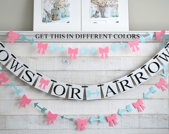 May include: A white banner with the text "Bows or Arrows" in black letters. The banner is decorated with pink and blue bows and arrows. The text "GET THIS IN DIFFERENT COLORS" is written above the banner.