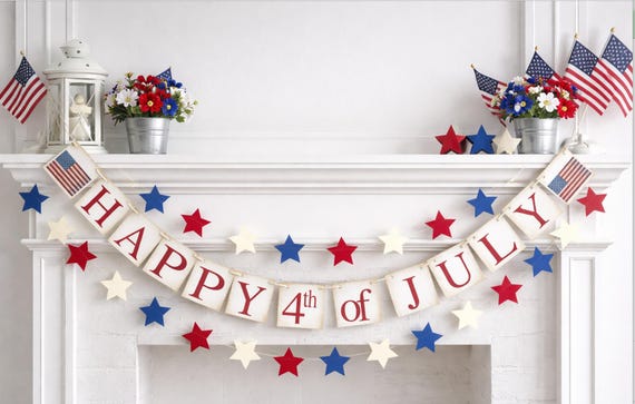 4th of July Banner, Rustic Farmhouse Americana Garland